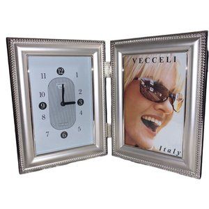 Vecceli Italy Silver Photo Frame/Quartz Clock  4” x 6”